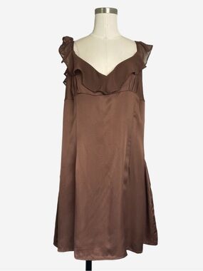 ASOS Design Chocolate brown chiffon ruffle wide neck satin mini dress neutral L